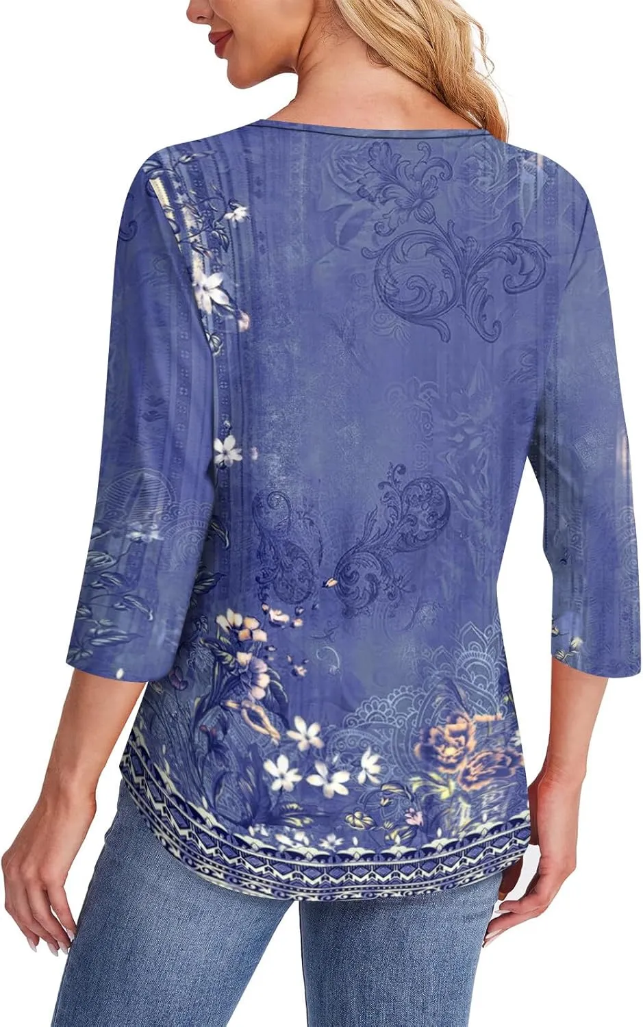 3/4 Length Sleeve Womens Tops Summer Dressy Shirts Crewneck Casual Pleated Tunic Blouses Fashion Loose Fit Clothes