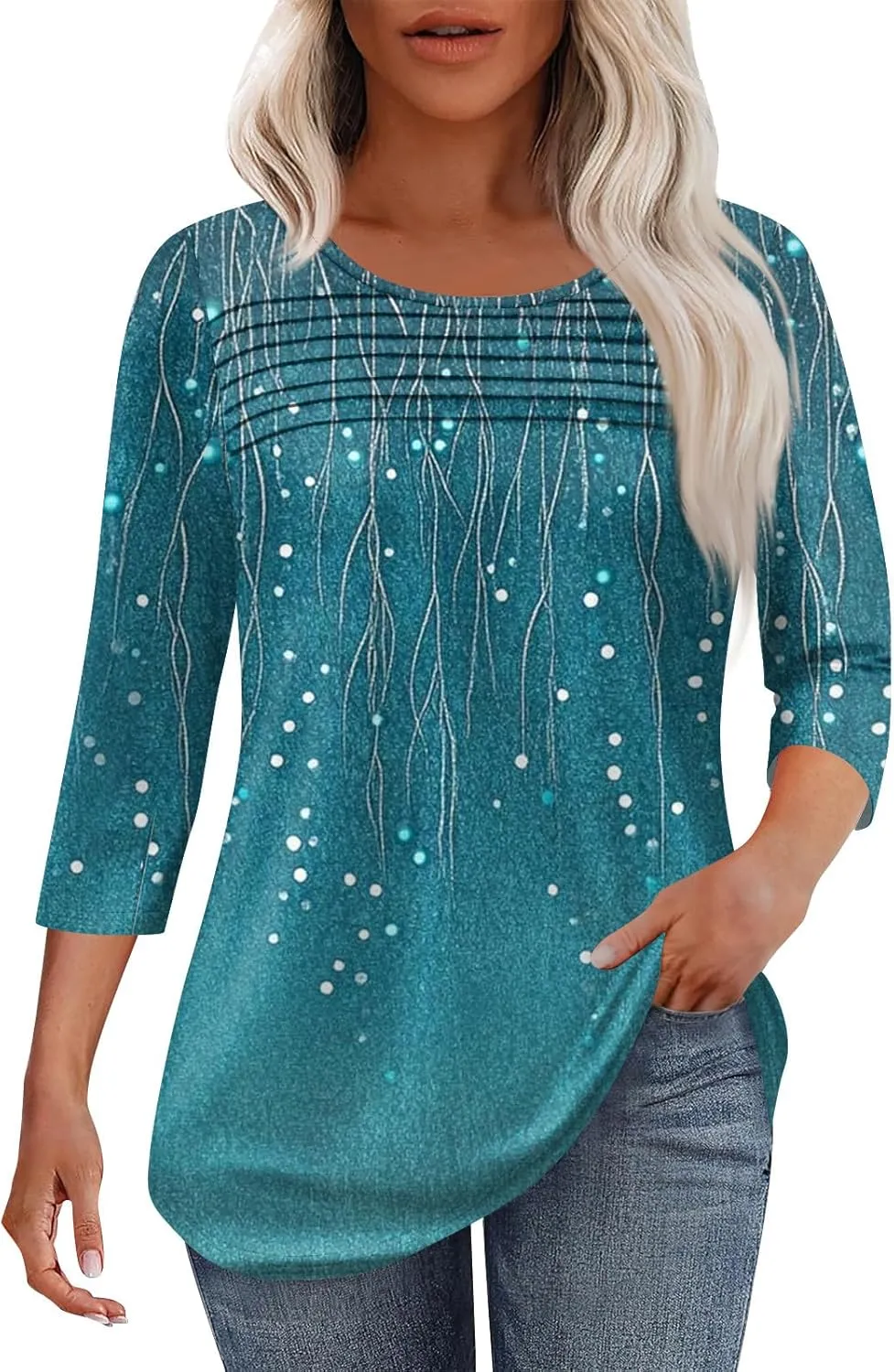 3/4 Length Sleeve Womens Tops Summer Dressy Shirts Crewneck Casual Pleated Tunic Blouses Fashion Loose Fit Clothes
