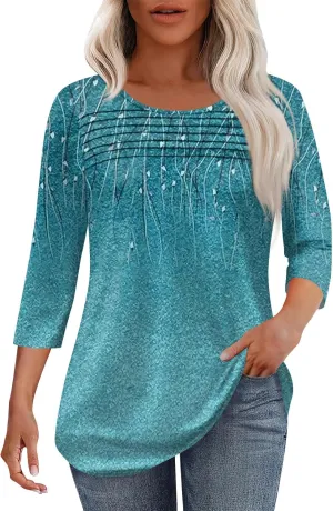 3/4 Length Sleeve Womens Tops Summer Dressy Shirts Crewneck Casual Pleated Tunic Blouses Fashion Loose Fit Clothes
