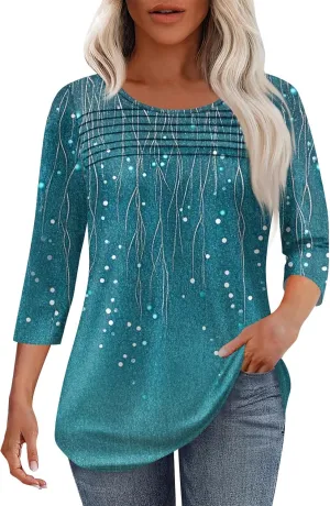 3/4 Length Sleeve Womens Tops Summer Dressy Shirts Crewneck Casual Pleated Tunic Blouses Fashion Loose Fit Clothes