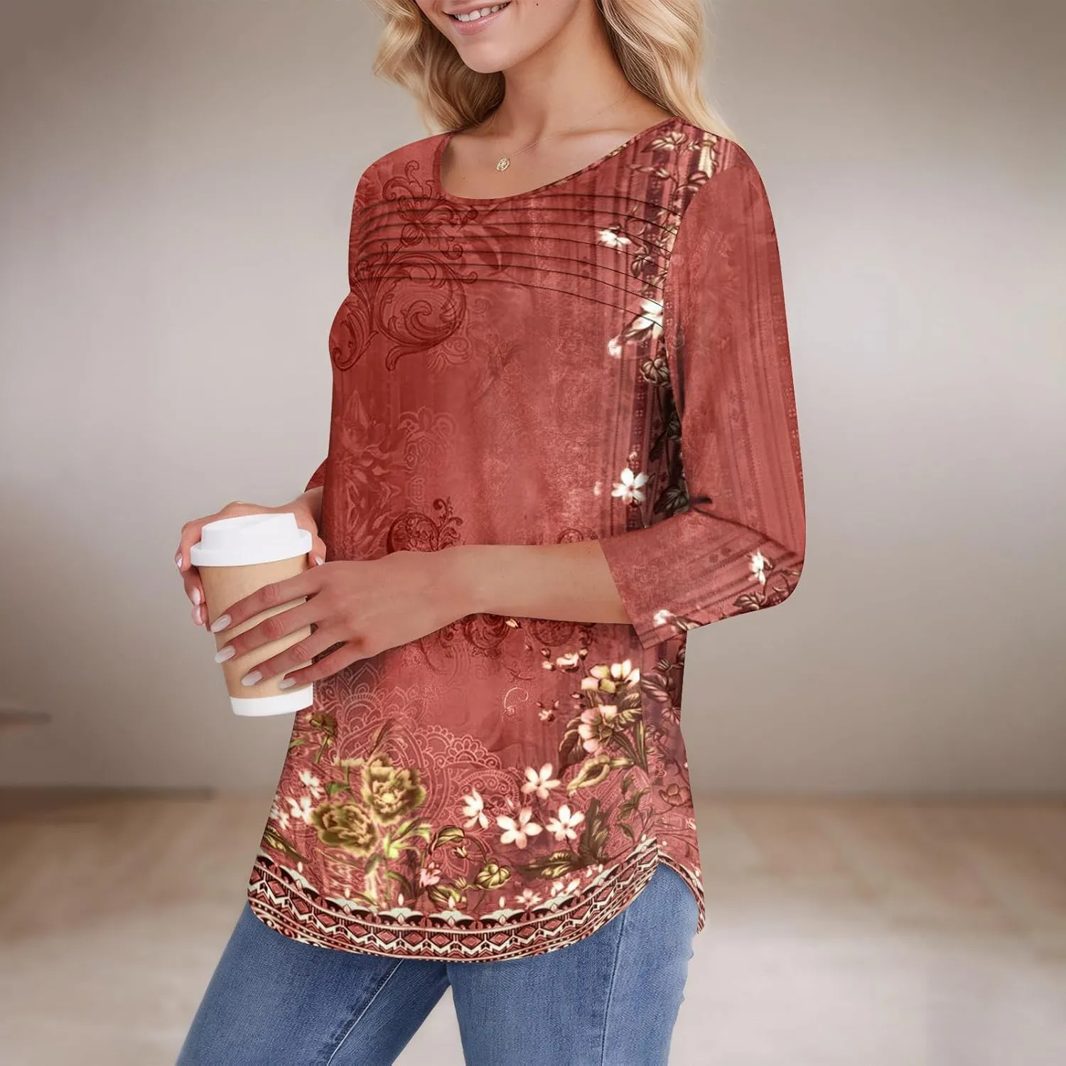 3/4 Length Sleeve Womens Tops Summer Dressy Shirts Crewneck Casual Pleated Tunic Blouses Fashion Loose Fit Clothes