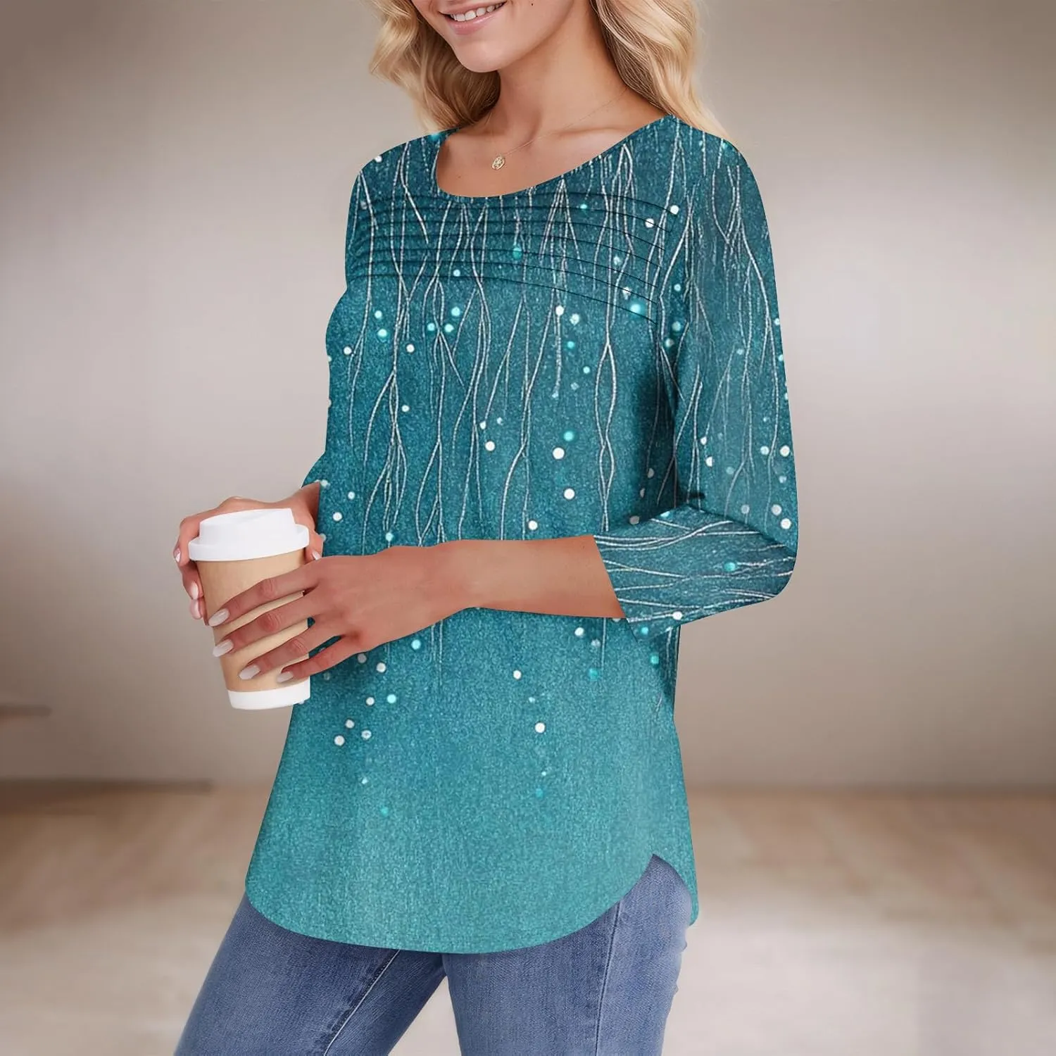 3/4 Length Sleeve Womens Tops Summer Dressy Shirts Crewneck Casual Pleated Tunic Blouses Fashion Loose Fit Clothes