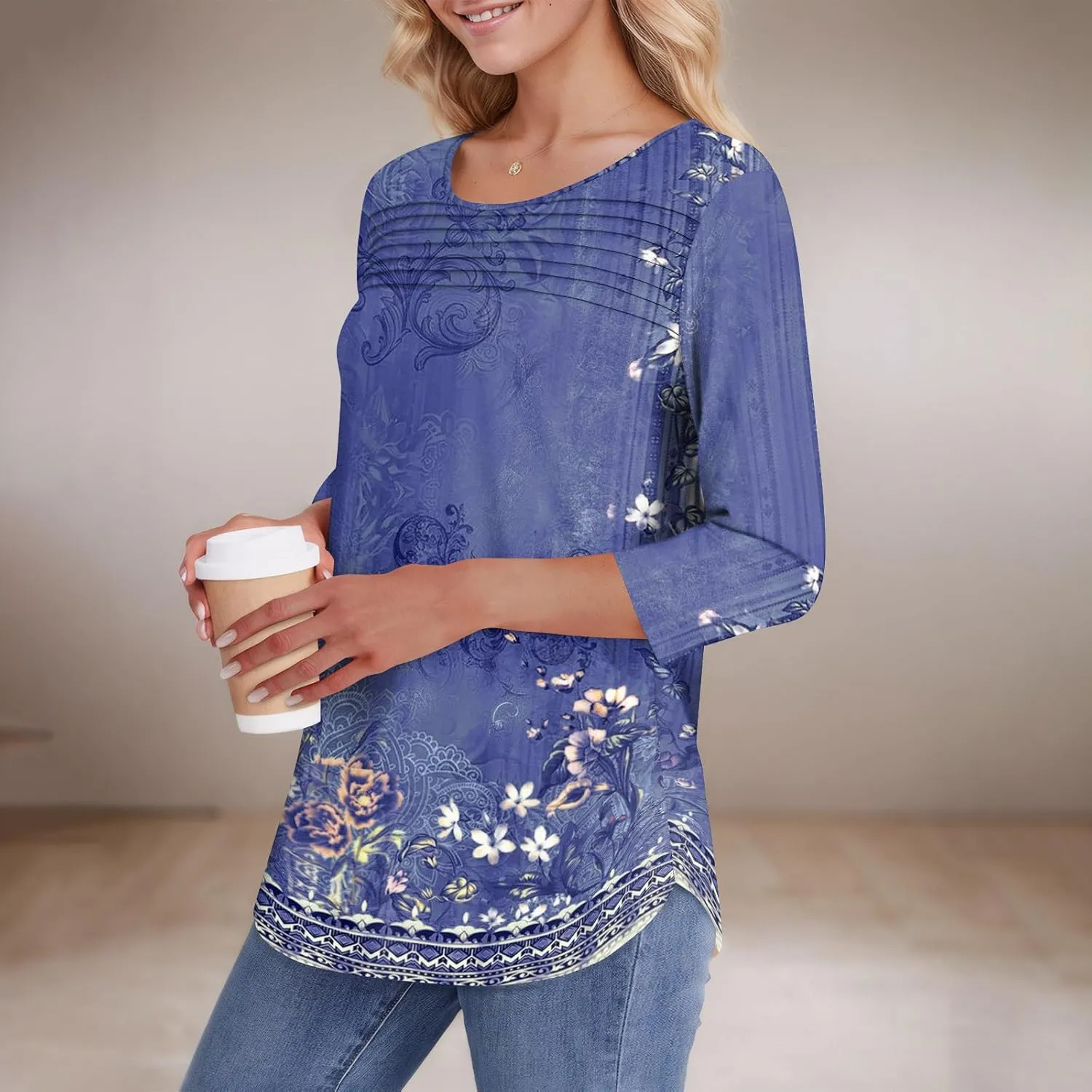 3/4 Length Sleeve Womens Tops Summer Dressy Shirts Crewneck Casual Pleated Tunic Blouses Fashion Loose Fit Clothes