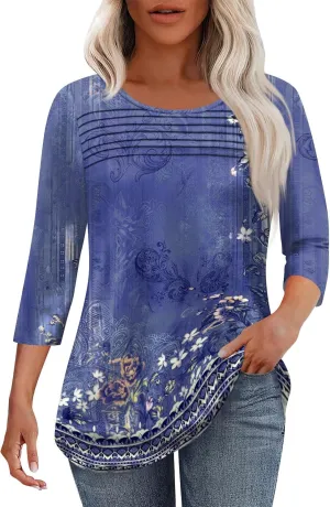 3/4 Length Sleeve Womens Tops Summer Dressy Shirts Crewneck Casual Pleated Tunic Blouses Fashion Loose Fit Clothes