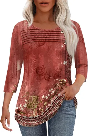 3/4 Length Sleeve Womens Tops Summer Dressy Shirts Crewneck Casual Pleated Tunic Blouses Fashion Loose Fit Clothes