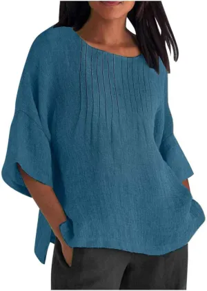 3/4 Sleeve Cotton Linen T Shirts Women Spring Summer Casual Crew Neck Pleated Front Side Slit Chambray Peasant Tops