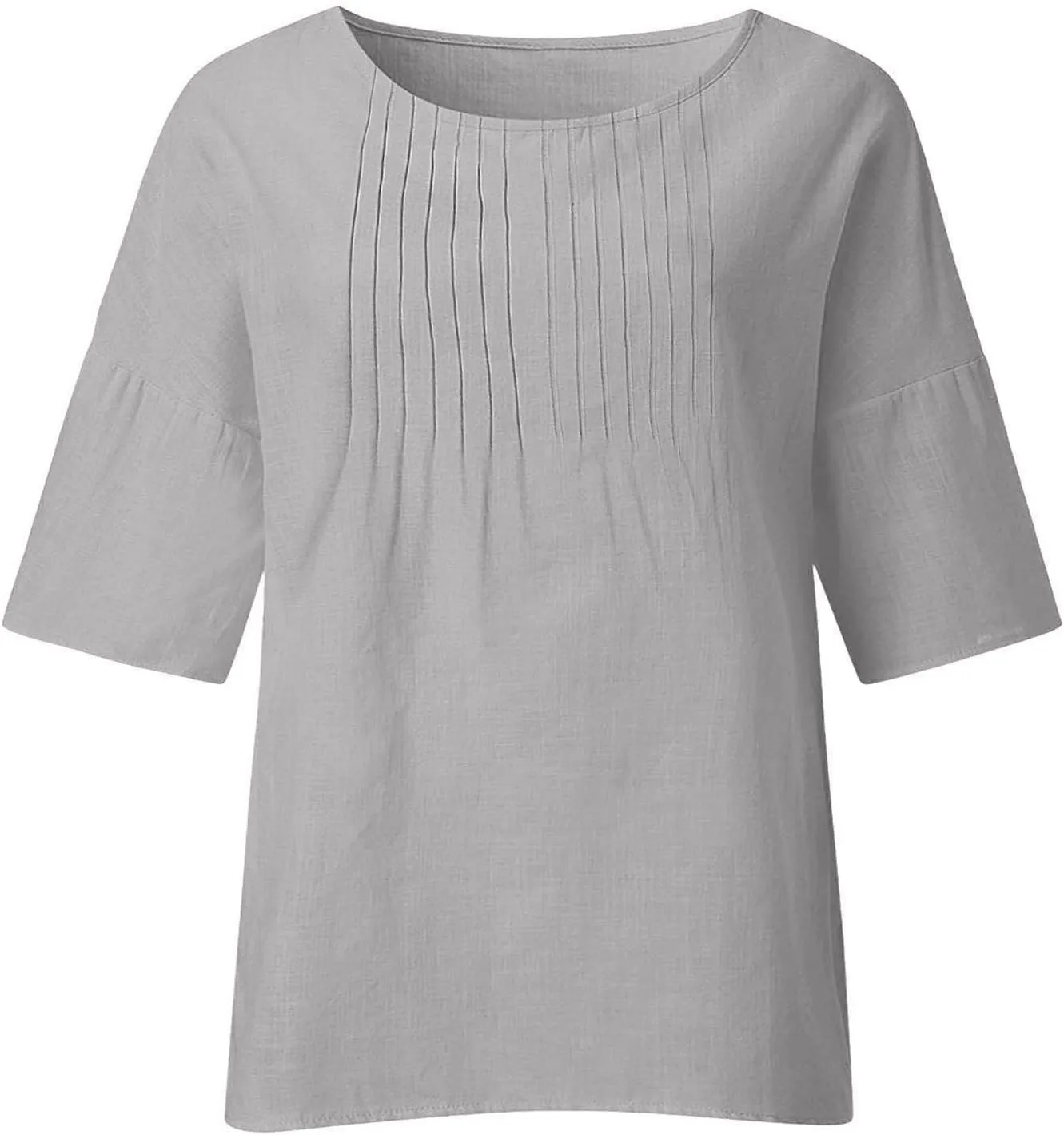 3/4 Sleeve Cotton Linen T Shirts Women Spring Summer Casual Crew Neck Pleated Front Side Slit Chambray Peasant Tops