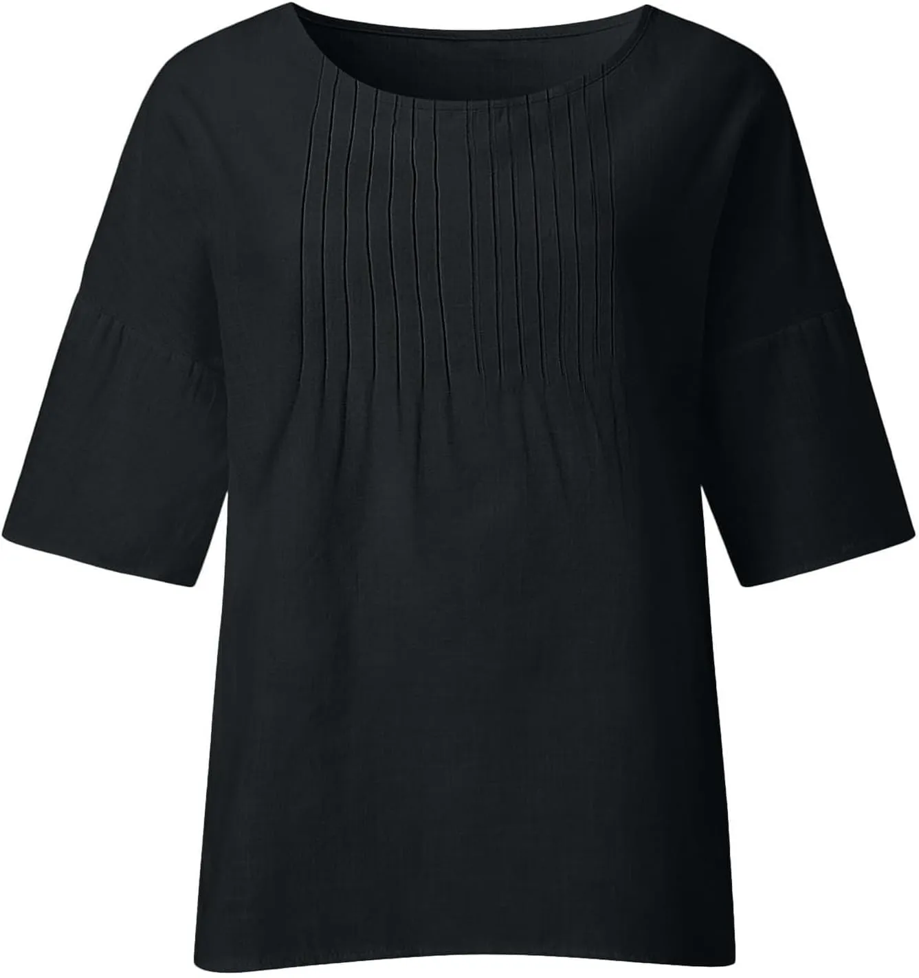 3/4 Sleeve Cotton Linen T Shirts Women Spring Summer Casual Crew Neck Pleated Front Side Slit Chambray Peasant Tops