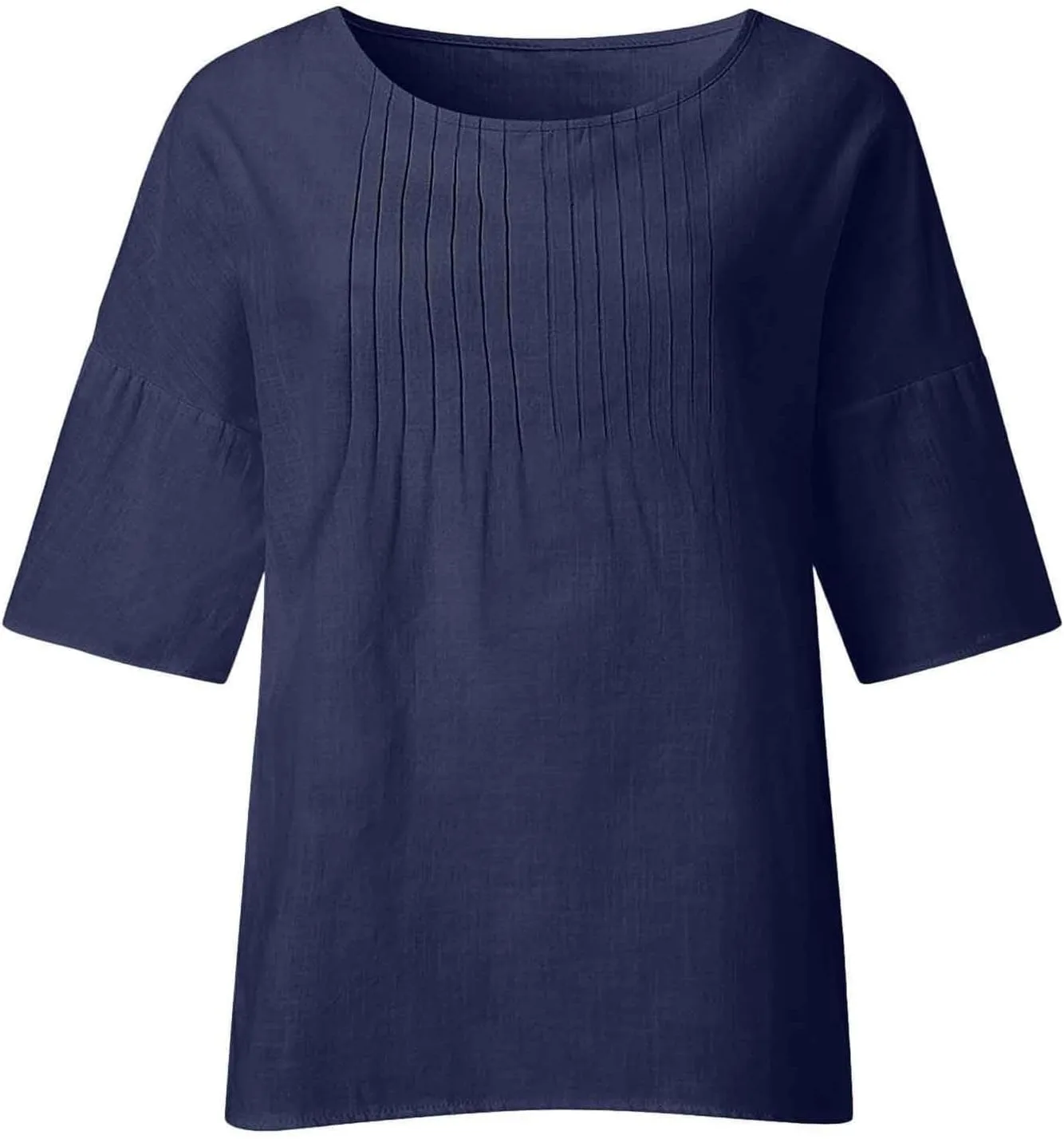 3/4 Sleeve Cotton Linen T Shirts Women Spring Summer Casual Crew Neck Pleated Front Side Slit Chambray Peasant Tops