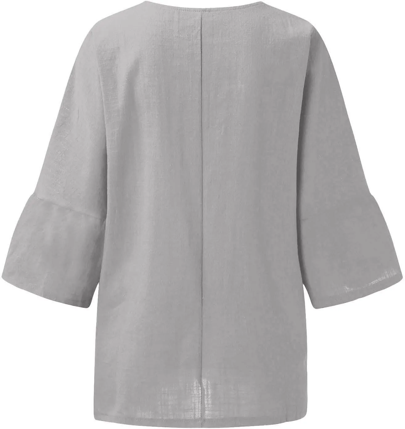 3/4 Sleeve Cotton Linen T Shirts Women Spring Summer Casual Crew Neck Pleated Front Side Slit Chambray Peasant Tops