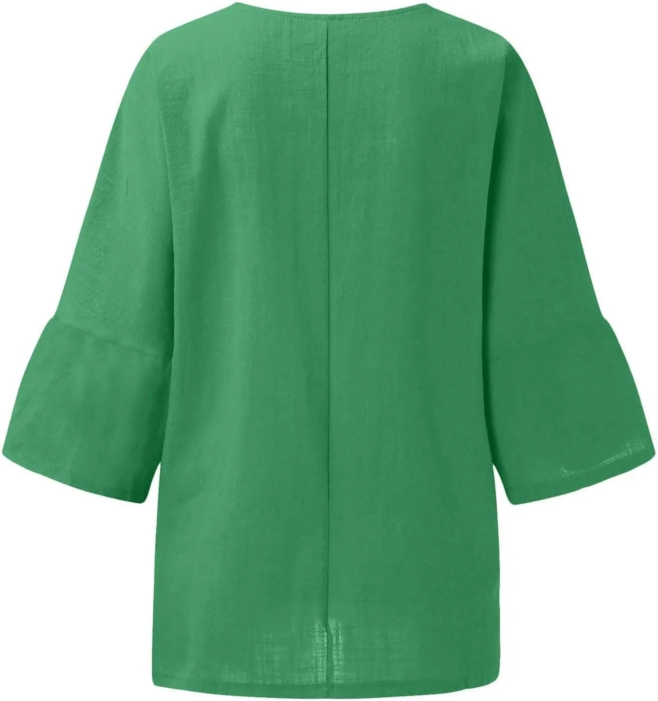 3/4 Sleeve Cotton Linen T Shirts Women Spring Summer Casual Crew Neck Pleated Front Side Slit Chambray Peasant Tops