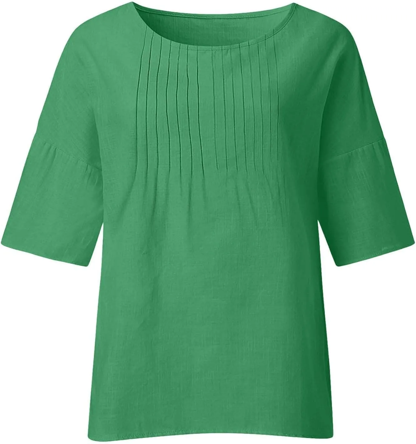 3/4 Sleeve Cotton Linen T Shirts Women Spring Summer Casual Crew Neck Pleated Front Side Slit Chambray Peasant Tops