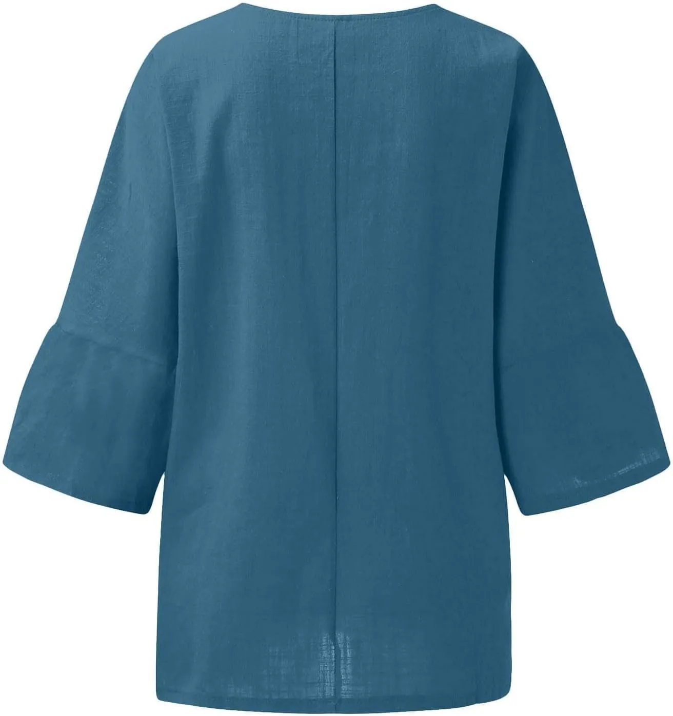 3/4 Sleeve Cotton Linen T Shirts Women Spring Summer Casual Crew Neck Pleated Front Side Slit Chambray Peasant Tops
