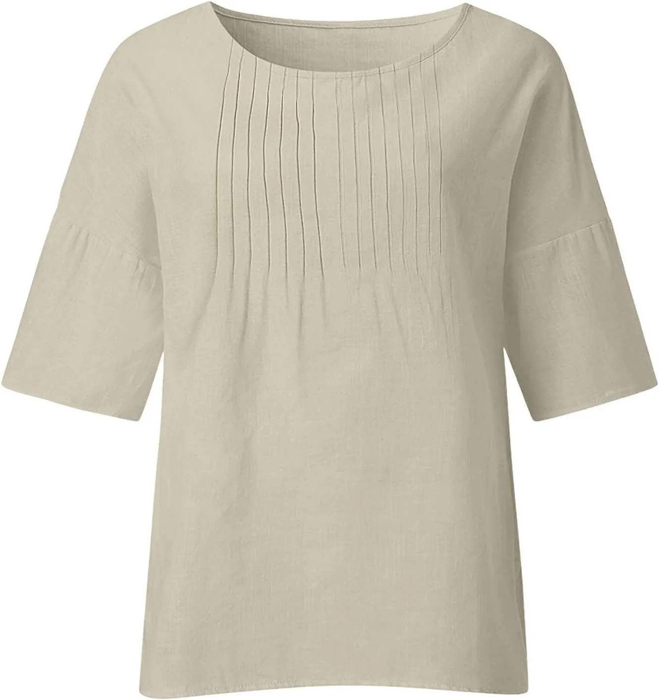3/4 Sleeve Cotton Linen T Shirts Women Spring Summer Casual Crew Neck Pleated Front Side Slit Chambray Peasant Tops