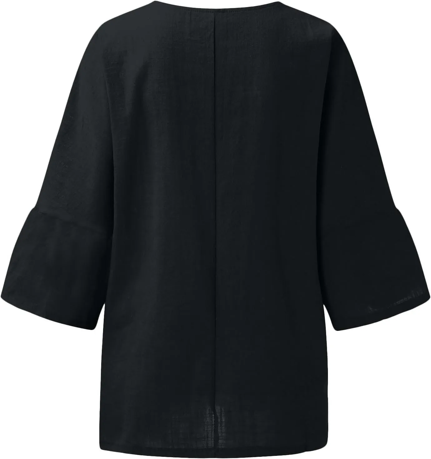 3/4 Sleeve Cotton Linen T Shirts Women Spring Summer Casual Crew Neck Pleated Front Side Slit Chambray Peasant Tops