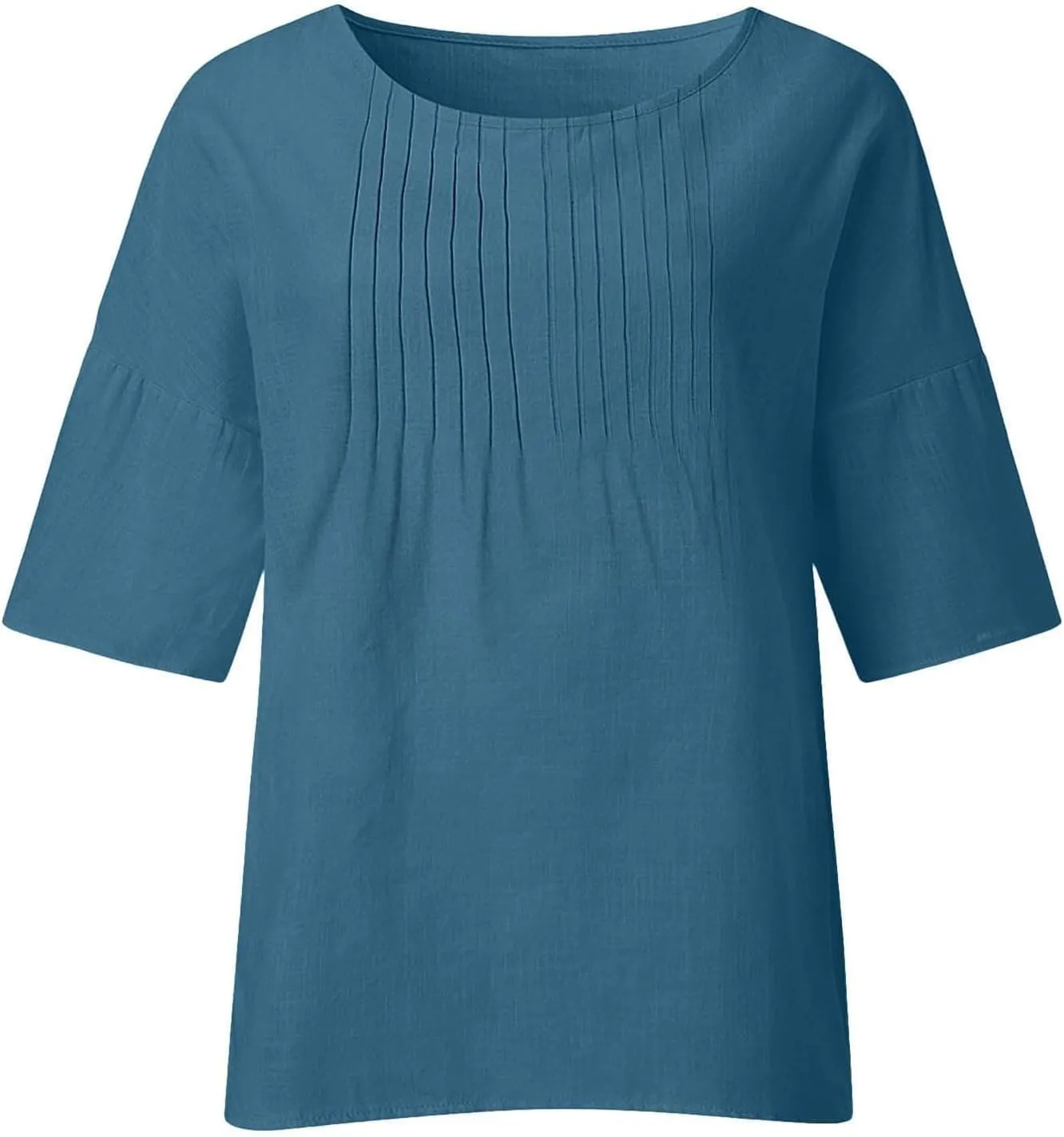 3/4 Sleeve Cotton Linen T Shirts Women Spring Summer Casual Crew Neck Pleated Front Side Slit Chambray Peasant Tops