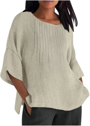 3/4 Sleeve Cotton Linen T Shirts Women Spring Summer Casual Crew Neck Pleated Front Side Slit Chambray Peasant Tops