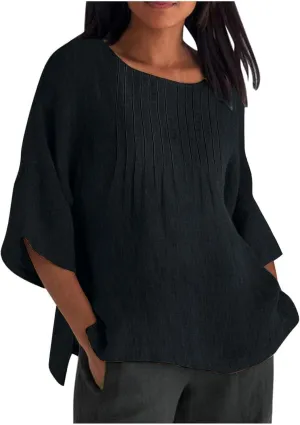 3/4 Sleeve Cotton Linen T Shirts Women Spring Summer Casual Crew Neck Pleated Front Side Slit Chambray Peasant Tops