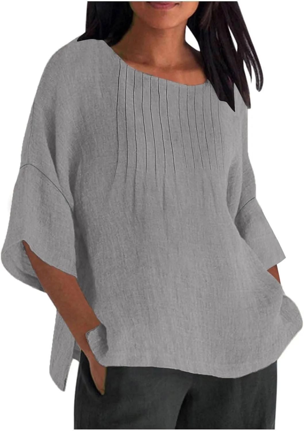 3/4 Sleeve Cotton Linen T Shirts Women Spring Summer Casual Crew Neck Pleated Front Side Slit Chambray Peasant Tops