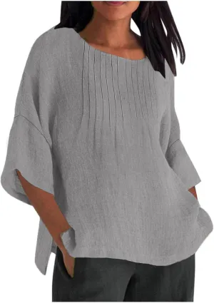 3/4 Sleeve Cotton Linen T Shirts Women Spring Summer Casual Crew Neck Pleated Front Side Slit Chambray Peasant Tops
