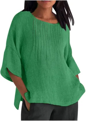 3/4 Sleeve Cotton Linen T Shirts Women Spring Summer Casual Crew Neck Pleated Front Side Slit Chambray Peasant Tops