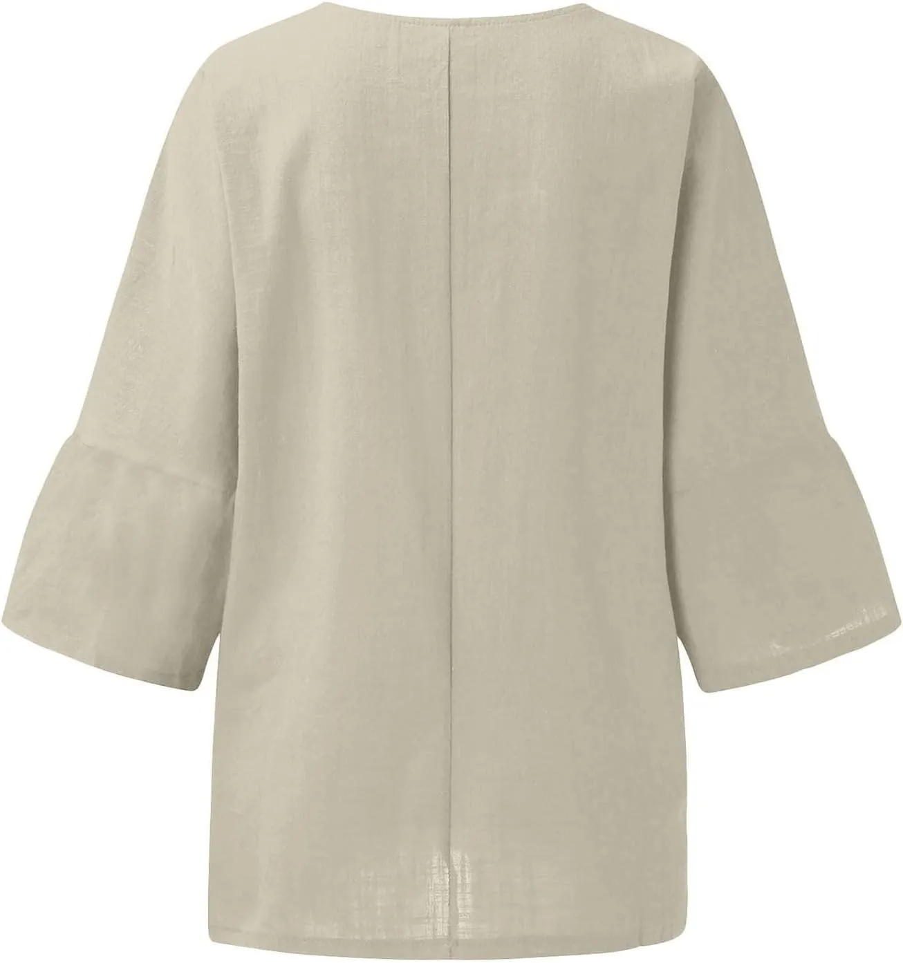 3/4 Sleeve Cotton Linen T Shirts Women Spring Summer Casual Crew Neck Pleated Front Side Slit Chambray Peasant Tops