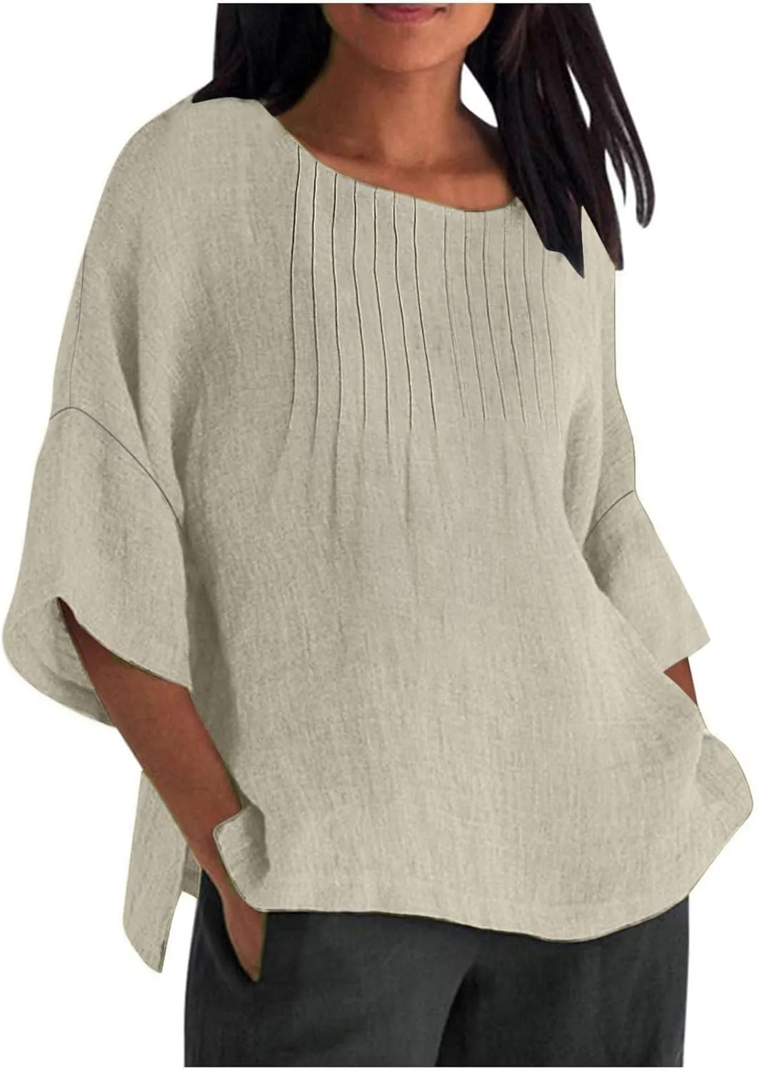 3/4 Sleeve Cotton Linen T Shirts Women Spring Summer Casual Crew Neck Pleated Front Side Slit Chambray Peasant Tops
