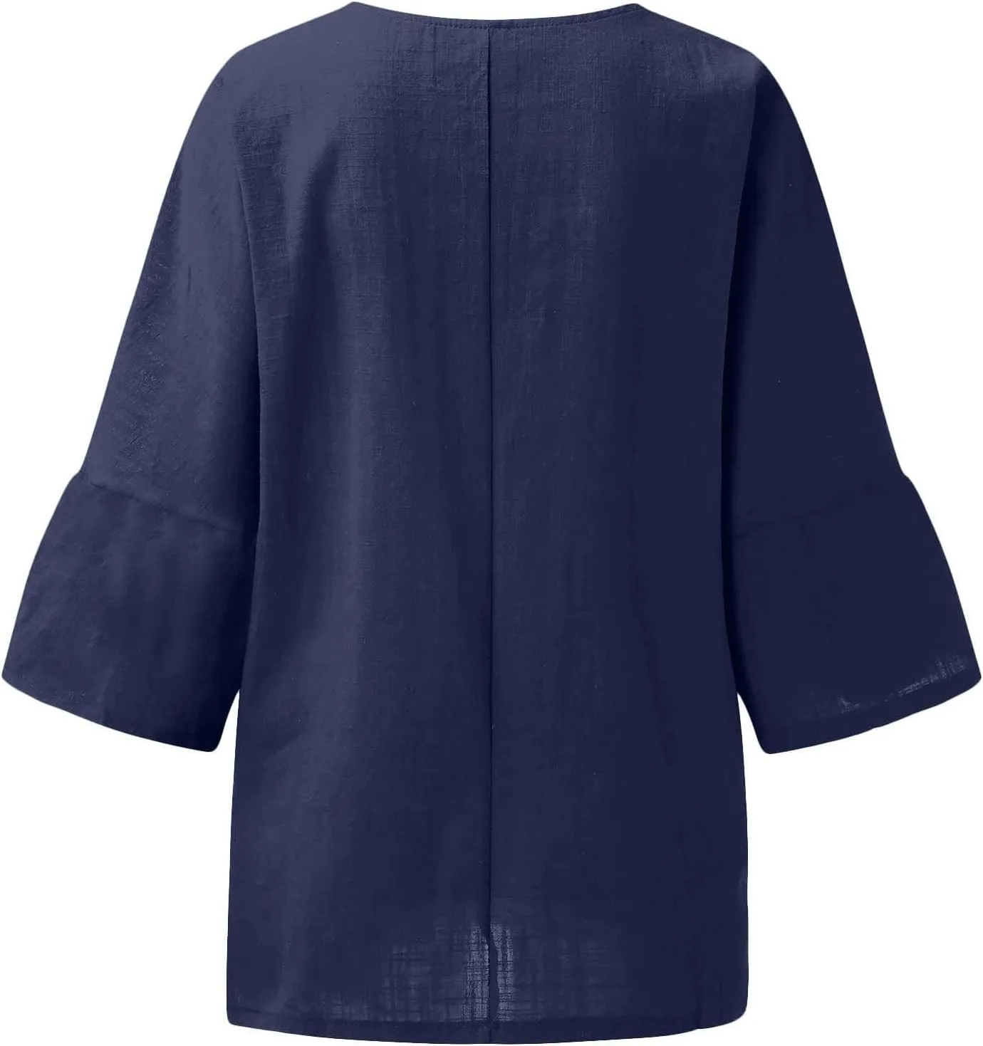 3/4 Sleeve Cotton Linen T Shirts Women Spring Summer Casual Crew Neck Pleated Front Side Slit Chambray Peasant Tops