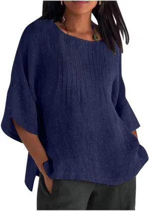 3/4 Sleeve Cotton Linen T Shirts Women Spring Summer Casual Crew Neck Pleated Front Side Slit Chambray Peasant Tops