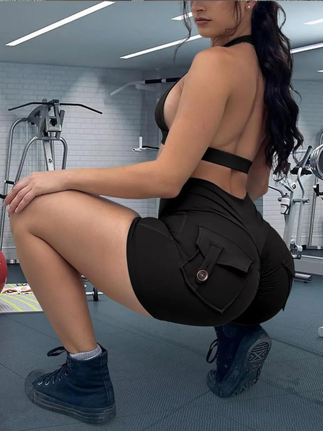 ABOCIW Scrunch Butt Workout Shorts with Pockets for Women Crossover Gym Biker Shorts High Waisted Yoga Booty Shorts
