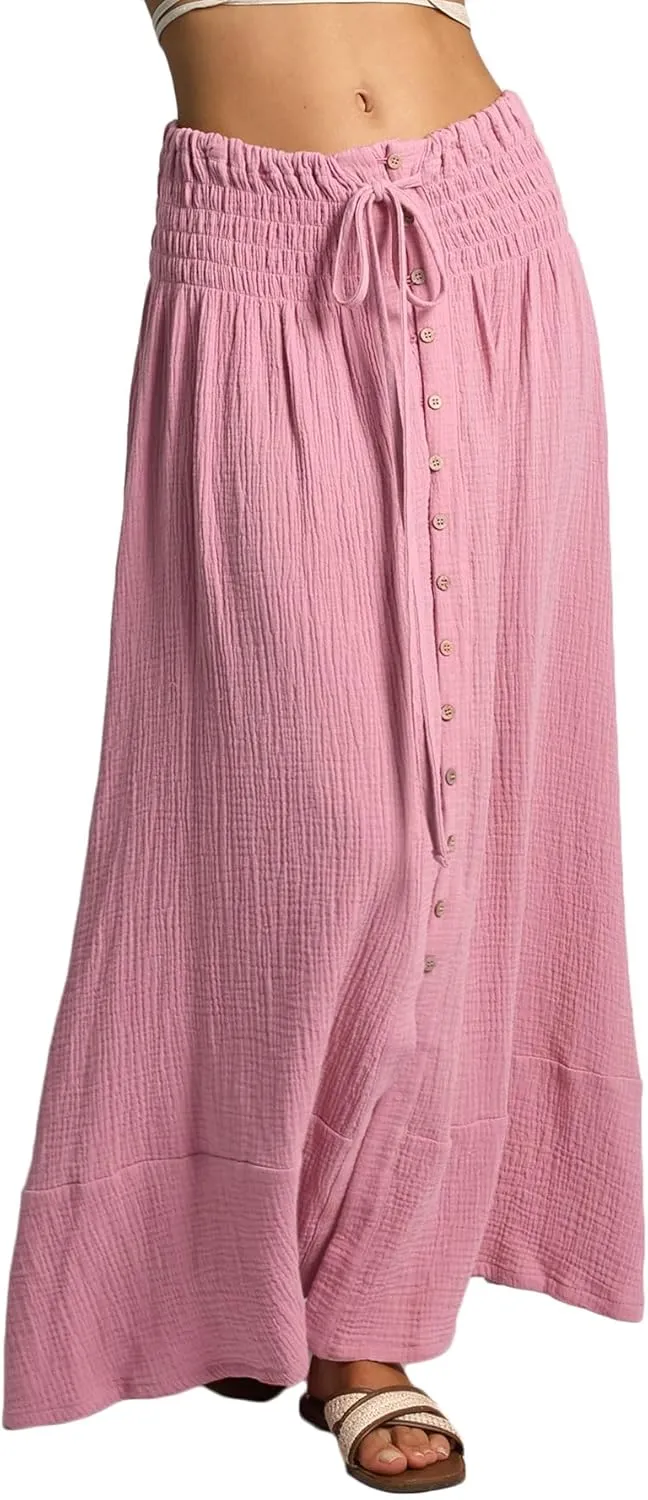 Amazhiyu Women's Summer Beach Crinkle Cotton Gauze Button-Front Slit Maxi Skirt