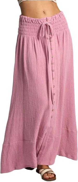 Amazhiyu Women's Summer Beach Crinkle Cotton Gauze Button-Front Slit Maxi Skirt