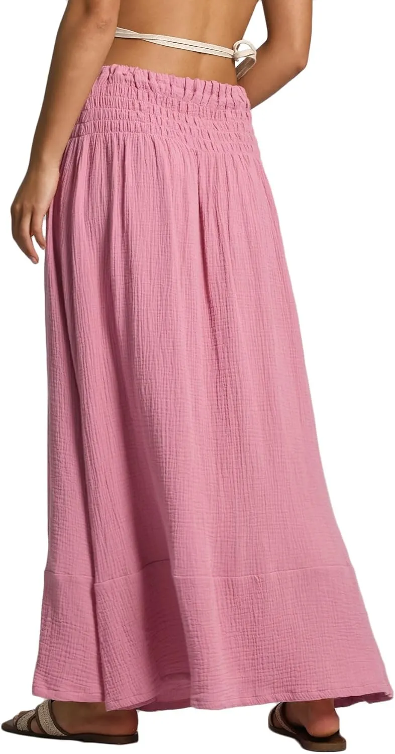 Amazhiyu Women's Summer Beach Crinkle Cotton Gauze Button-Front Slit Maxi Skirt
