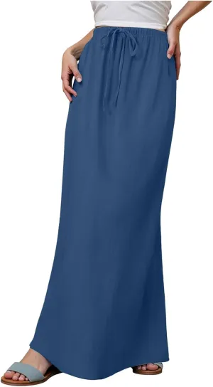 AMDBEL Maxi Skirts for Women Summer,Cotton Linen Long Skirts Boho Casual Flowy Skirts Drawstring Waist A Line Beach Skirts