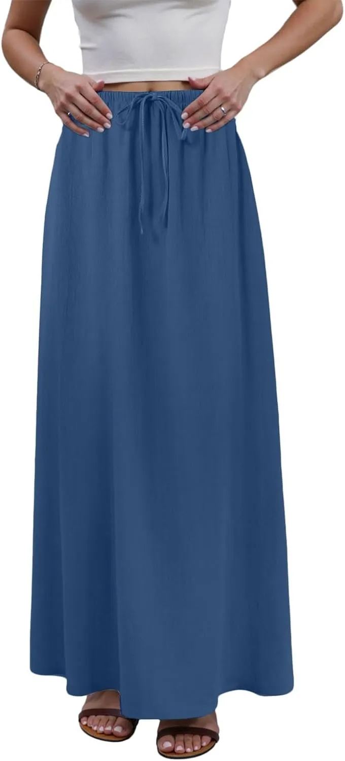 AMDBEL Maxi Skirts for Women Summer,Cotton Linen Long Skirts Boho Casual Flowy Skirts Drawstring Waist A Line Beach Skirts