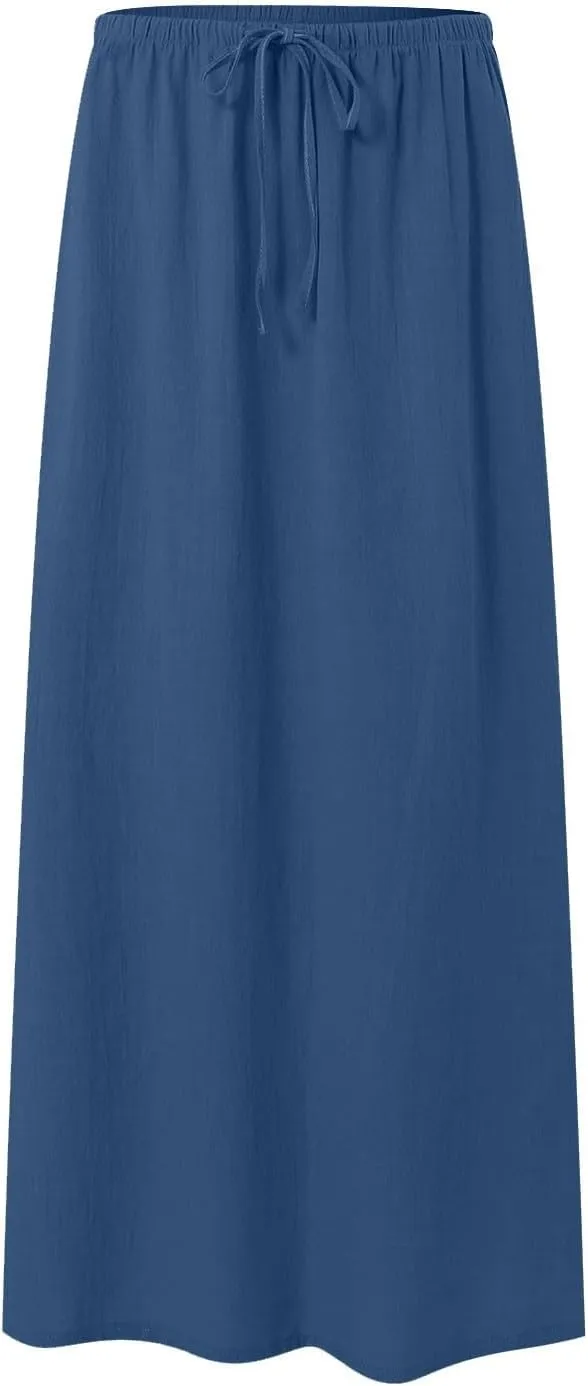 AMDBEL Maxi Skirts for Women Summer,Cotton Linen Long Skirts Boho Casual Flowy Skirts Drawstring Waist A Line Beach Skirts