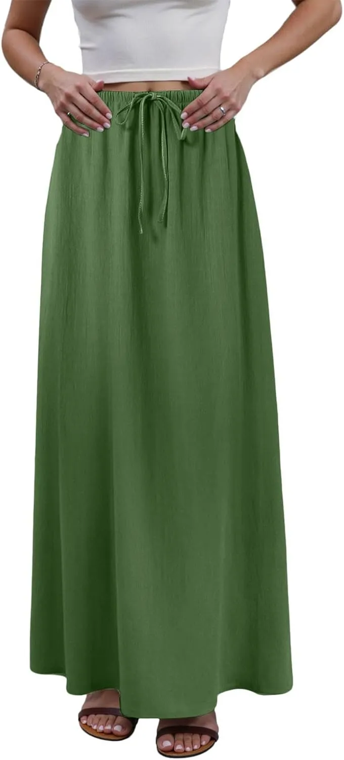 AMDBEL Maxi Skirts for Women Summer,Cotton Linen Long Skirts Boho Casual Flowy Skirts Drawstring Waist A Line Beach Skirts