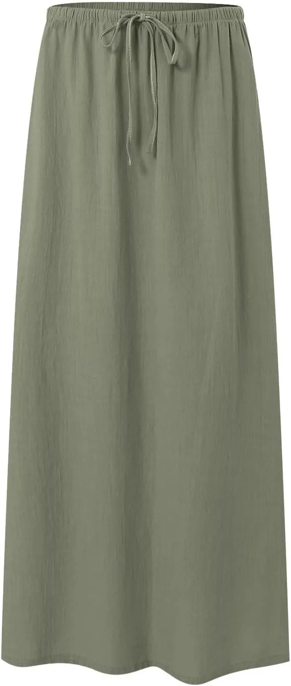 AMDBEL Maxi Skirts for Women Summer,Cotton Linen Long Skirts Boho Casual Flowy Skirts Drawstring Waist A Line Beach Skirts