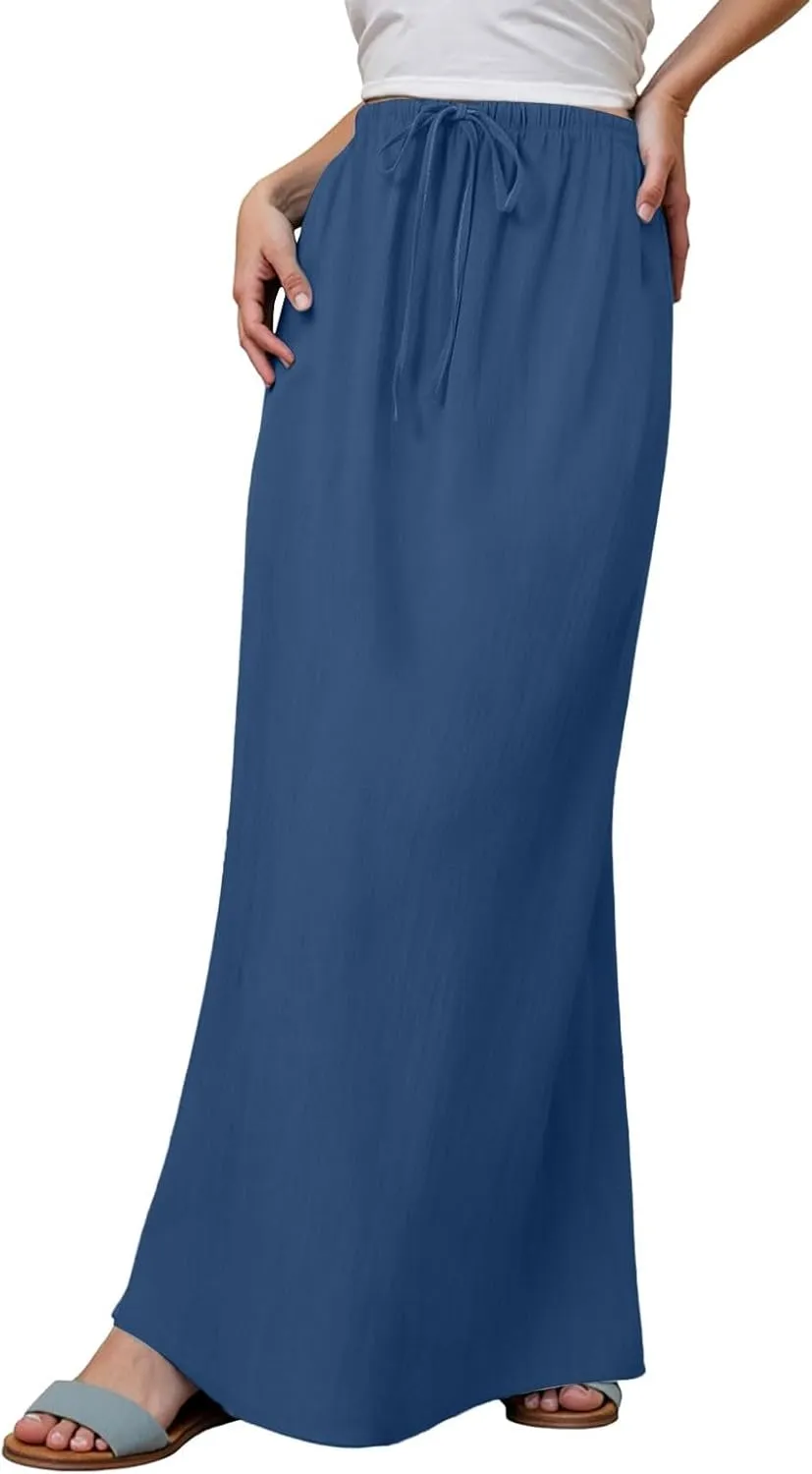 AMDBEL Maxi Skirts for Women Summer,Cotton Linen Long Skirts Boho Casual Flowy Skirts Drawstring Waist A Line Beach Skirts