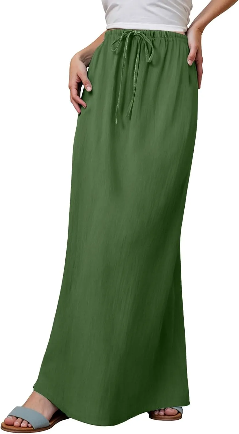 AMDBEL Maxi Skirts for Women Summer,Cotton Linen Long Skirts Boho Casual Flowy Skirts Drawstring Waist A Line Beach Skirts