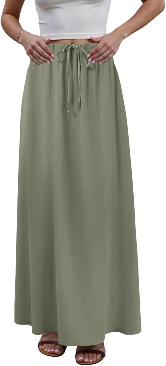 AMDBEL Maxi Skirts for Women Summer,Cotton Linen Long Skirts Boho Casual Flowy Skirts Drawstring Waist A Line Beach Skirts