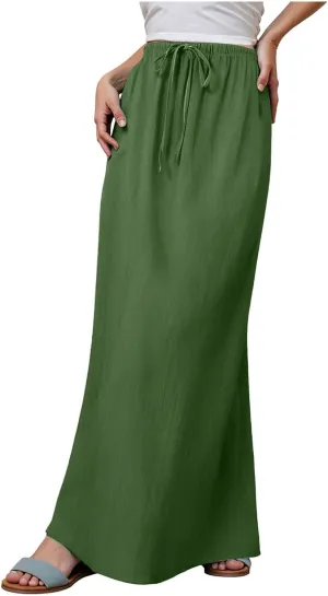 AMDBEL Maxi Skirts for Women Summer,Cotton Linen Long Skirts Boho Casual Flowy Skirts Drawstring Waist A Line Beach Skirts