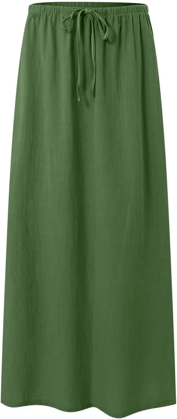 AMDBEL Maxi Skirts for Women Summer,Cotton Linen Long Skirts Boho Casual Flowy Skirts Drawstring Waist A Line Beach Skirts