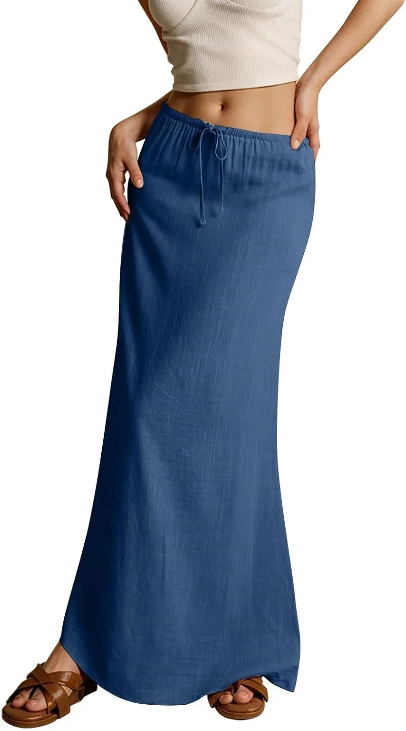 AMDBEL Maxi Skirts for Women Summer,Cotton Linen Long Skirts Boho Casual Flowy Skirts Drawstring Waist A Line Beach Skirts