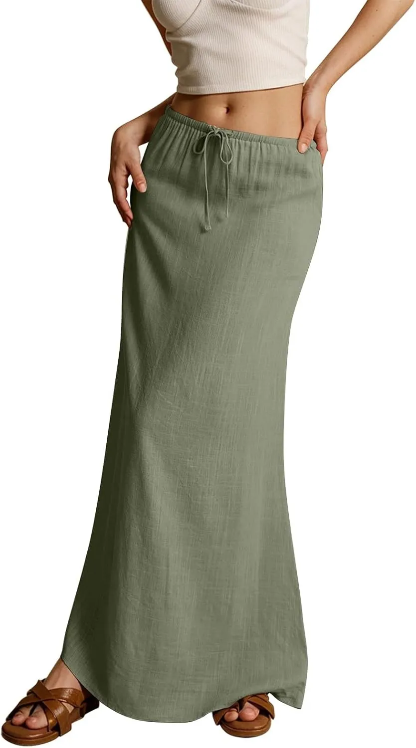 AMDBEL Maxi Skirts for Women Summer,Cotton Linen Long Skirts Boho Casual Flowy Skirts Drawstring Waist A Line Beach Skirts