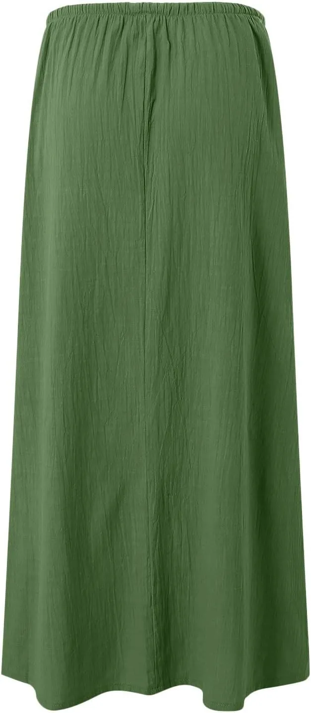 AMDBEL Maxi Skirts for Women Summer,Cotton Linen Long Skirts Boho Casual Flowy Skirts Drawstring Waist A Line Beach Skirts