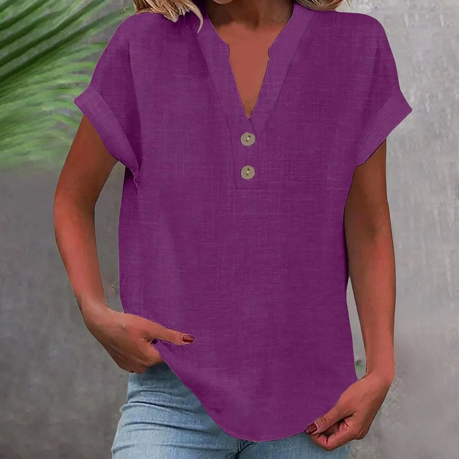 Aniywn Linen Shirts for Women 2025 Summer Casual Button Down V Neck Short Sleeve Tee Tops Comfy Trendy Business Work Blouses