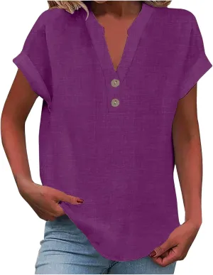 Aniywn Linen Shirts for Women 2025 Summer Casual Button Down V Neck Short Sleeve Tee Tops Comfy Trendy Business Work Blouses