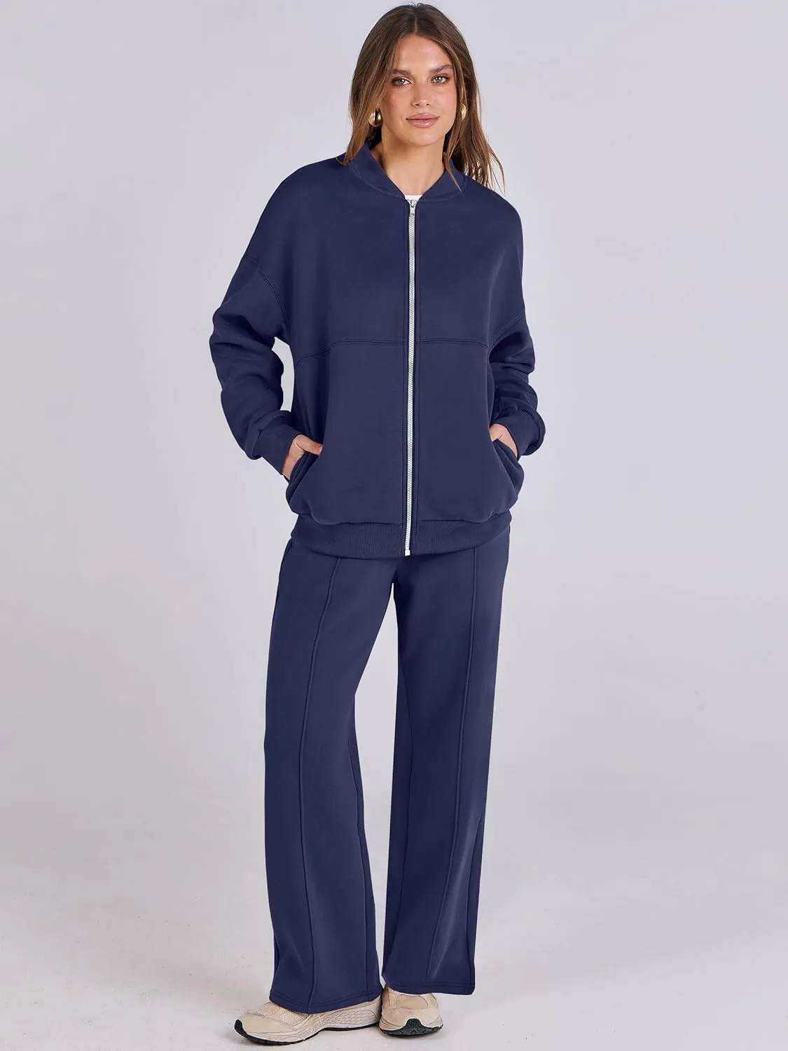 ANRABESS Women 2 Piece Outfits Lounge Set Oversized Zip Up Sweatshirt Jacket Sweatpant Matching Sweat Sets Winter Sweatsuits