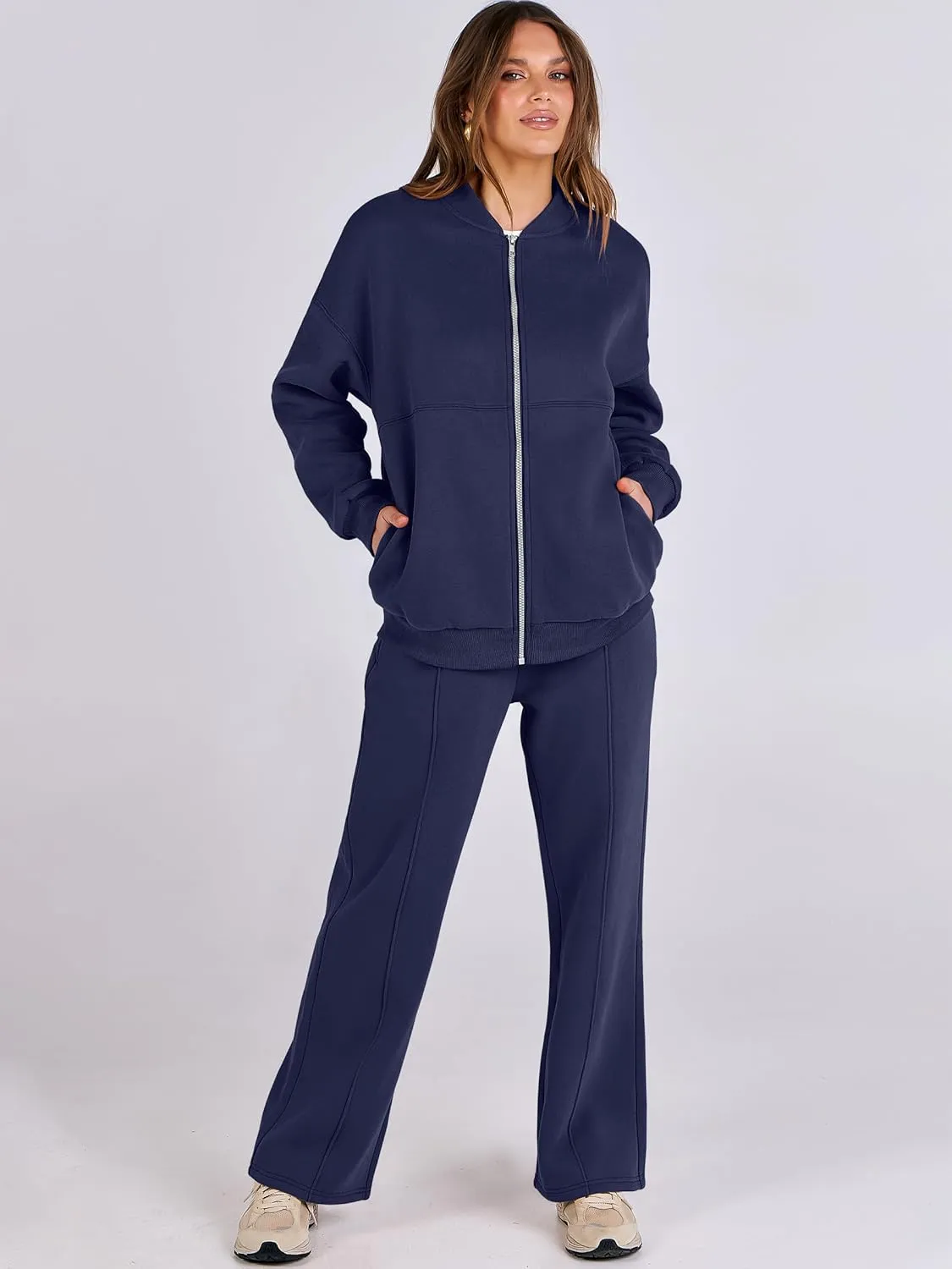 ANRABESS Women 2 Piece Outfits Lounge Set Oversized Zip Up Sweatshirt Jacket Sweatpant Matching Sweat Sets Winter Sweatsuits